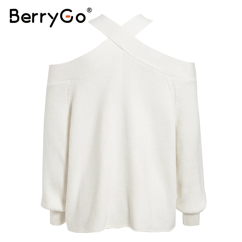 BerryGo сексуальный Холтер с открытыми плечами вязаный белый свитер Женский Повседневный пуловер джемпер свитер элегантный pull femmel мягкий свитер