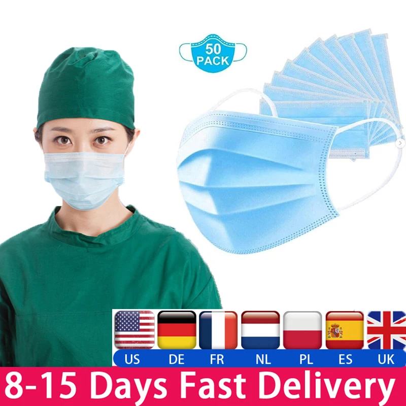 

Fast delivery Hot Sale 3-layer mask 50pcs Face Mouth Masks Non Woven Disposable Anti-Dust Meltblown cloth Masks Earloops Masks