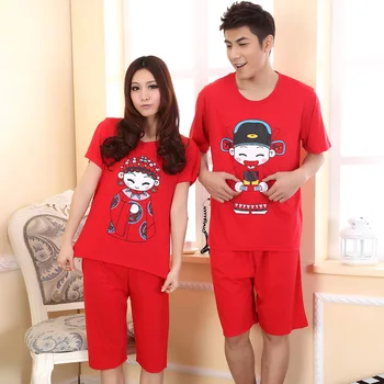 

2020 Summer Couples Chinese Red Shorts Pajama Sets for Women Short Sleeve Cute Cartoon Sleepwear Suits Men Homewear Home Clothes