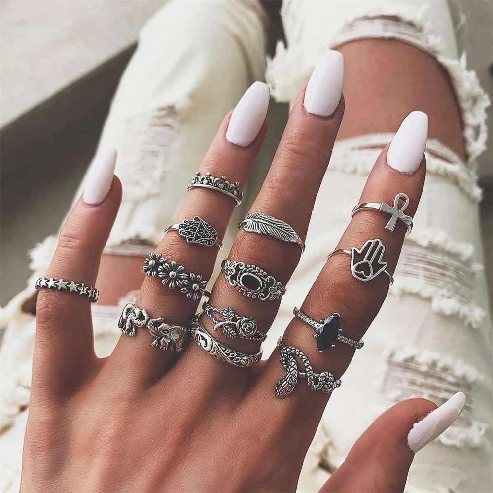 

13 Pcs/ Set Bohemian Snake Elephant Palm Cross Crown Flower Leaf Silver Ring Female Fashion Crystal Ring Set Lover Gift