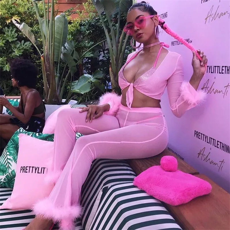 Baratos 2019 nuevo chándal de malla para mujeres Sexy conjunto de 2 piezas para mujeres Camiseta corta y pantalones de dos piezas conjunto Rosa elástico Delgado fiesta trajes de Festival