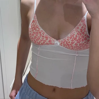 

Dossni Women Tops Pink Leopard Print Bow Y2k Sleeveless Tops White Lace Ptachwork Cute Crop Camisole Tee Club Sexy Vest Cami