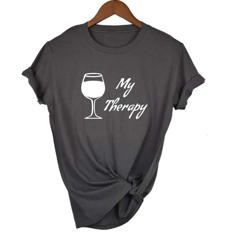 MY THERAPY Wine/женская футболка с принтом, Повседневная футболка с коротким рукавом и круглым вырезом, Женская хипстерская забавная футболка, женские топы размера плюс XS-2XL - Цвет: Dark grey