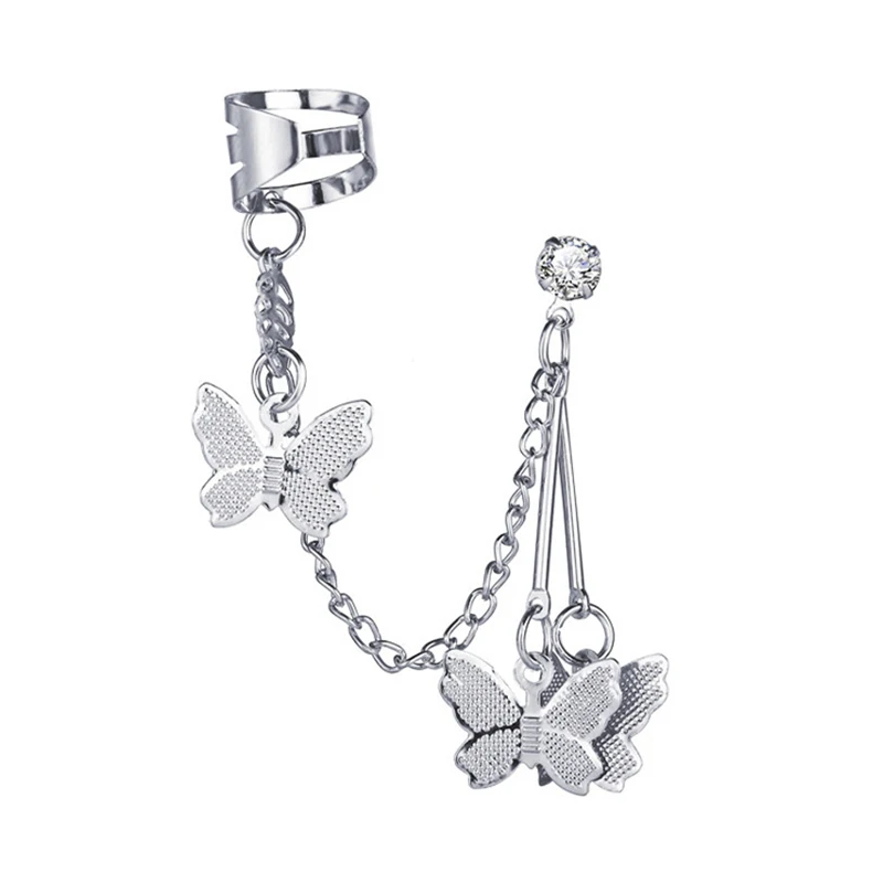 Butterfly Earrings New Fashion Punk Butterfly Clip Earring for Teens Women Men Ear Cuffs Zinc Alloy Chain Earrings Metal