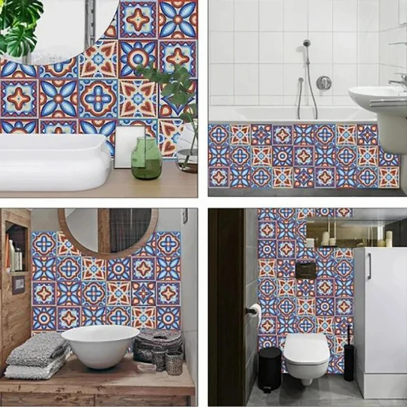 

10 Pcs Ethnic Style Colorful Retro Tile Stickers Kitchen Bathroom Wall Floor Cabinet Drawer Waist Line Wall Stickers Home Decor