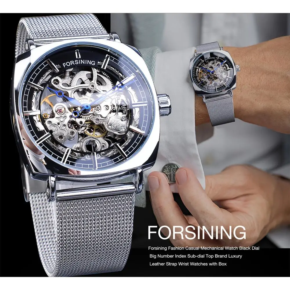 Forsining, новые модные механические часы для мужчин, квадратный Автоматический Скелет, аналоговые, серебристые, тонкие, сетчатые, стальной ремешок, часы Relojes Hombre