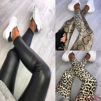 

Womens Ladies PVC Leather High Waist Pu Leggings Wet Look Stretch Trousers Ladies Leopard Snake Animal Print Pants