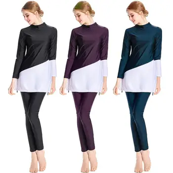 

Muslim Women Swimsuit Modest Full Cover Swimwear Islamic Swimming Bathing Suit Patchwork Arab Sets 2PCS Long Sleeve Burkini New