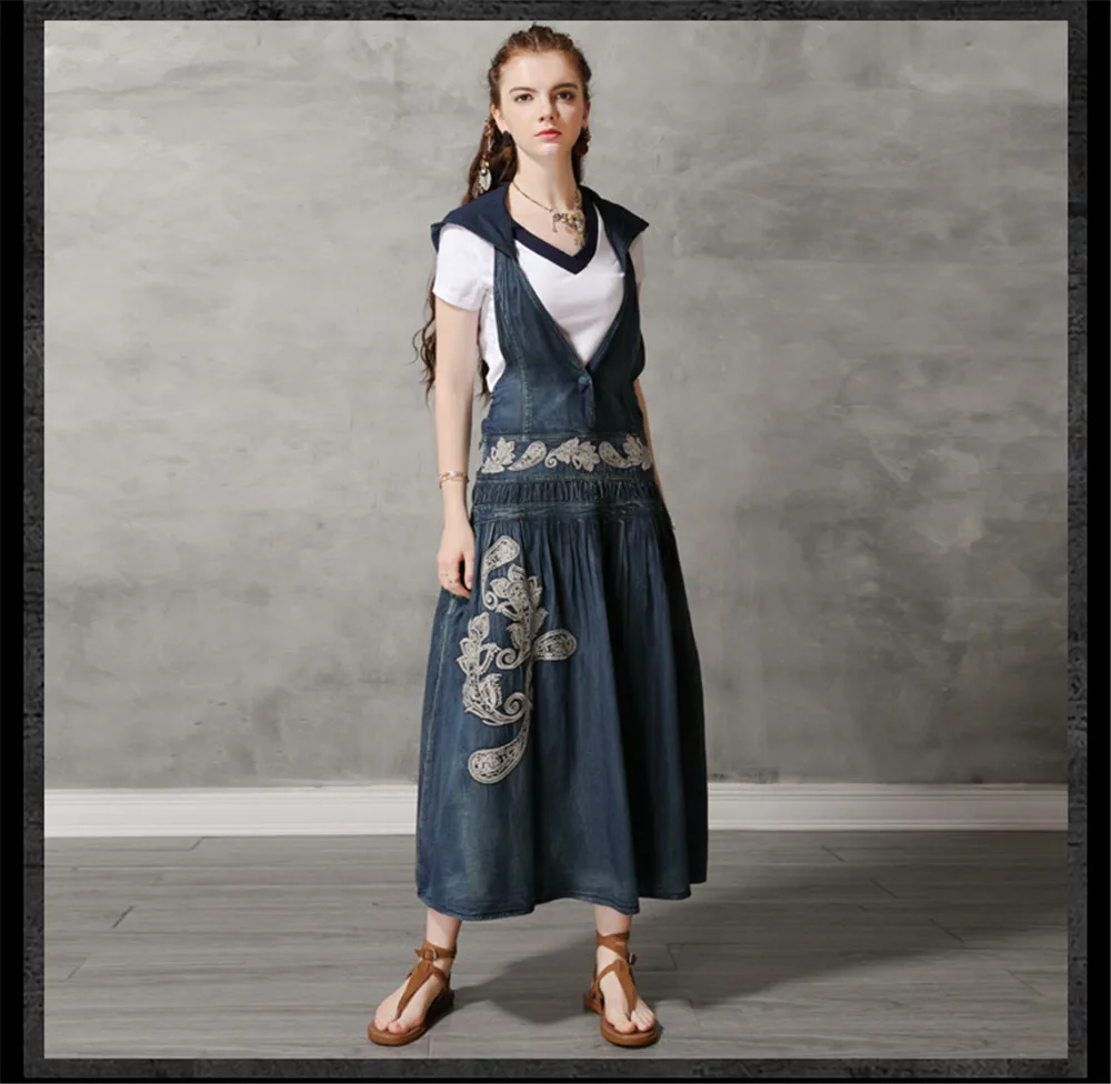 Vintage Hooded Women Dress 2019 Summer Denim Dresses Embroidery V-Neck Loose A-line Long Vestidos Femininas Woman Dress 82109 (13)