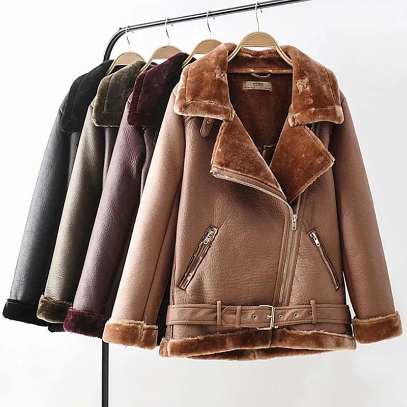 

2019 bomber jacket Warm women's winter motorcycle velvet jacket female short lapels fur thick Korean version plus velvet jacket