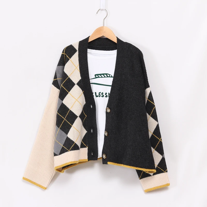 H.SA Women Vintage Sweater Cardigans V neck Geometric Retro Jacket Coats Knitwear Loose Sweater Oversized Thick Winter Coat