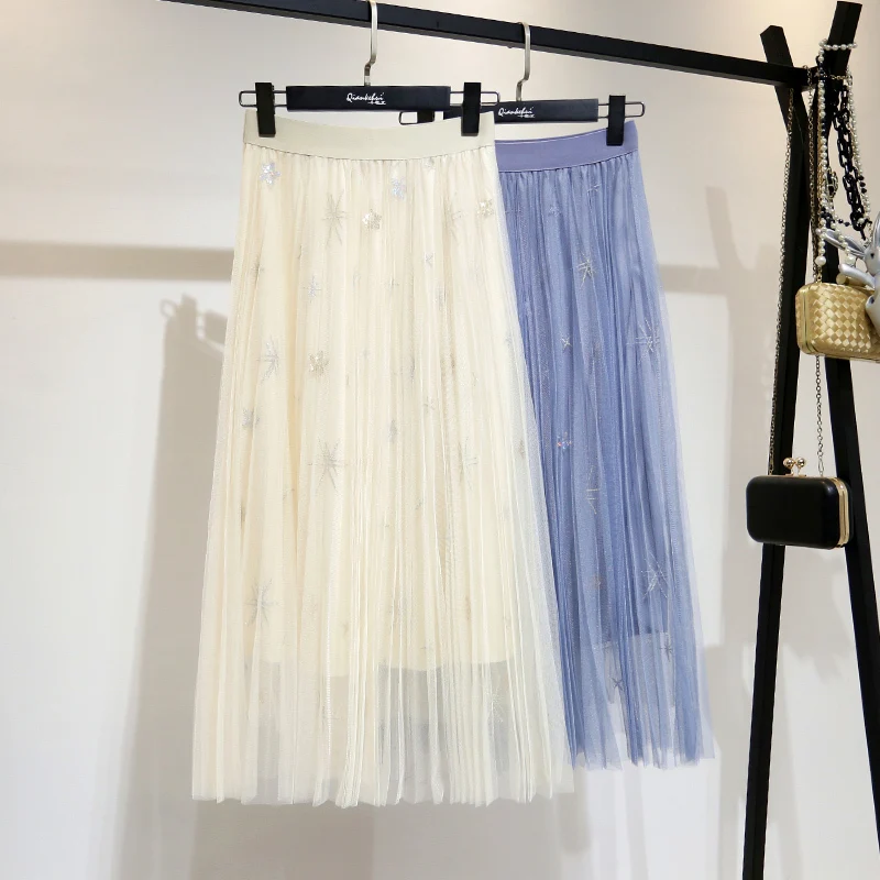 Fashion Tide Spring New Korean Style Mesh Loose Sequined Embroidered Print Mid-Calf Clothing Fashion Women Summer Skirt QG713
