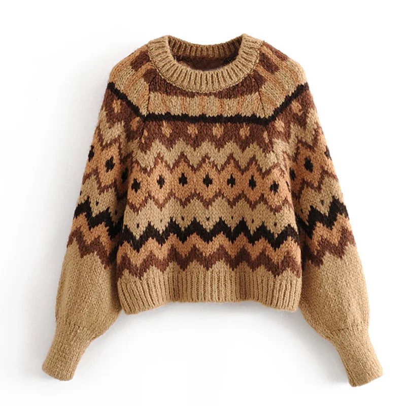 AGong/жаккардовые свитера с круглым вырезом для женщин; Модный зимний теплый свитер; женские элегантные свитера с пышными рукавами для женщин; JV - Цвет: HHSW2554