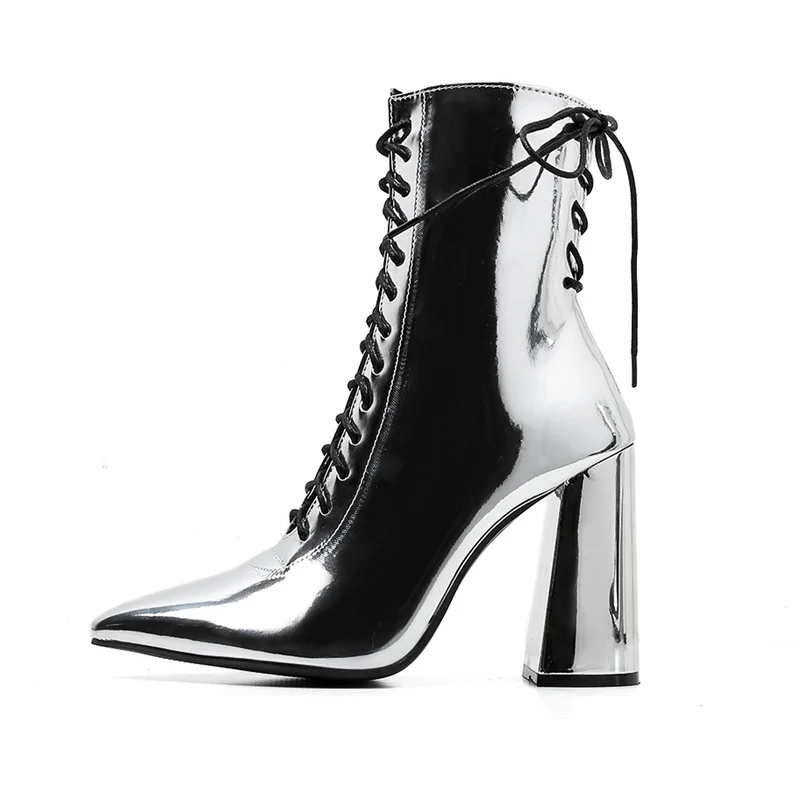 

2019 Luxury Women 10cm High Heels Fetish Leather Stripper Boots Block Heels Ankle Boots Prom Spring Silver Lace Up Chunky Shoes