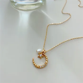

POFUNUO Four Ways Wearing 925 sterling Silver Moon Star Necklace Elegant Gold Pearl Necklace For Women Luxury Fine Jewelry Gift