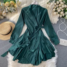 HISUMA spring autumn new women deep v-neck long sleeve lace-up satin irregular fairy dress female v collar elegant puff dresses