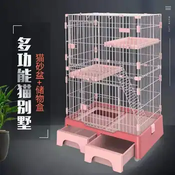 

Three-room double-decker luxury comfortable cat cage with wheels Oversized cat villa with toilet in oneMultifunctional catcage