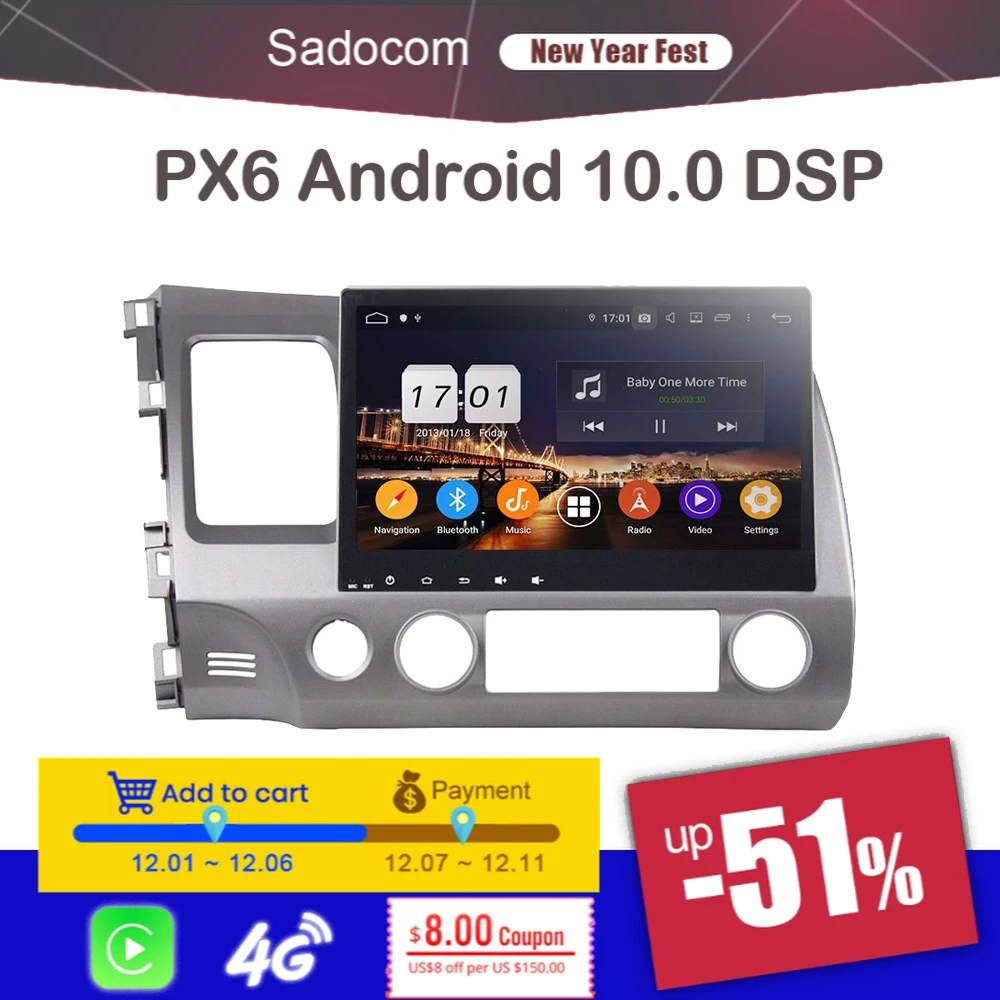 DSP PX6 2 din 10 1 &quotAndroid 11 0 для Honda CIVIC 2006-2011 4 Гб ОЗУ 8 ядер 64 ПЗУ автомобильный DVD-плеер GPS