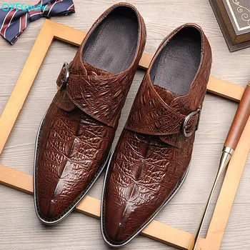 

QYFCIOUFU Italian Pointed Toe Formal Crocodile Skin Men Dress Shoes Fashion Buckle Straps Wedding Genuine Leather Oxford Shoes