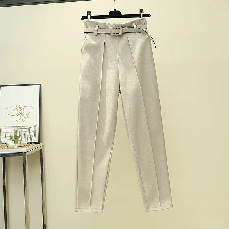 New Fashion Autumn Women Woolen Pants Trousers High Waist Pantalon Femme Casual Female Harem Pants With Belt WP119