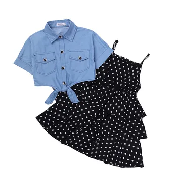 

HE Hello Enjoy Girls Clothes Sets 2020 Summer Teenagers Dot Sling Princess Dress +Denim Blouse 2pc Kids Big Girl Dresses 25