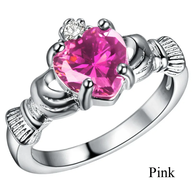 Любовь Сердце Claddagh Радуга CZ Кольцо родиевое покрытие обручальные кольца AAA циркон ювелирные изделия женские аксессуары обручальное кольцо - Цвет основного камня: Pink