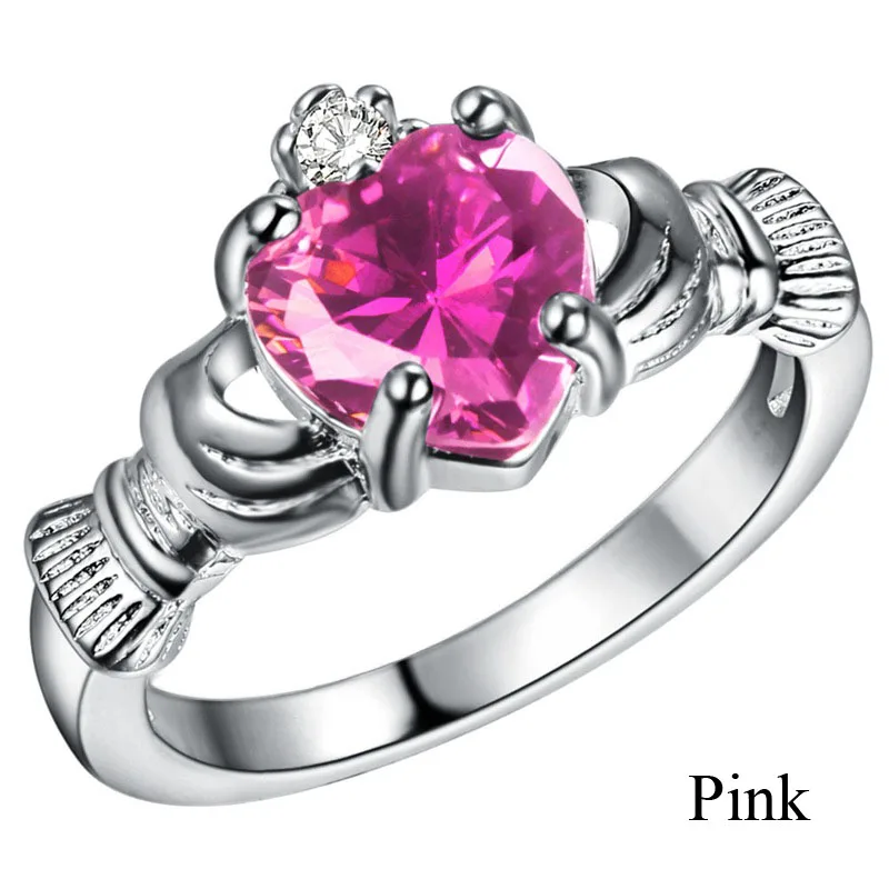 Pink Любовь Сердце Claddagh Радуга CZ Кольцо родиевое покрытие обручальные кольца AAA циркон ювелирные изделия женские аксессуары обручальное кольцо - Цвет основного камня: Pink