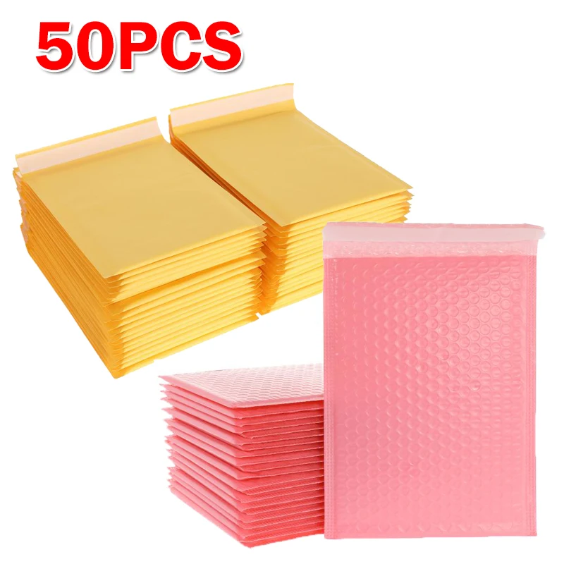 

50PCS/Lot Self Seal Bubble Mailers Padded Envelopes Bags Different Specifications Shipping Packaging Mailing BagsYellow Pink
