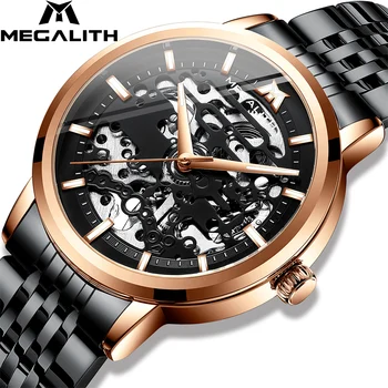 

MEGALITH Mechanical Automatic Mens Watch Casual Waterproof Skeleton Business Watch Black Stainless Strap Clock Relogio Masculino