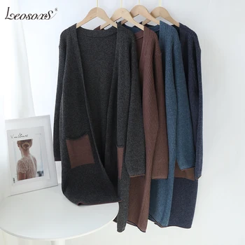 

LEOSOXS Autumn Winter Vintage Patchwork Long Cardigan With Pockets 2020 Long Sleeve Casual Knitted Sweater Chic Outerwear Coat