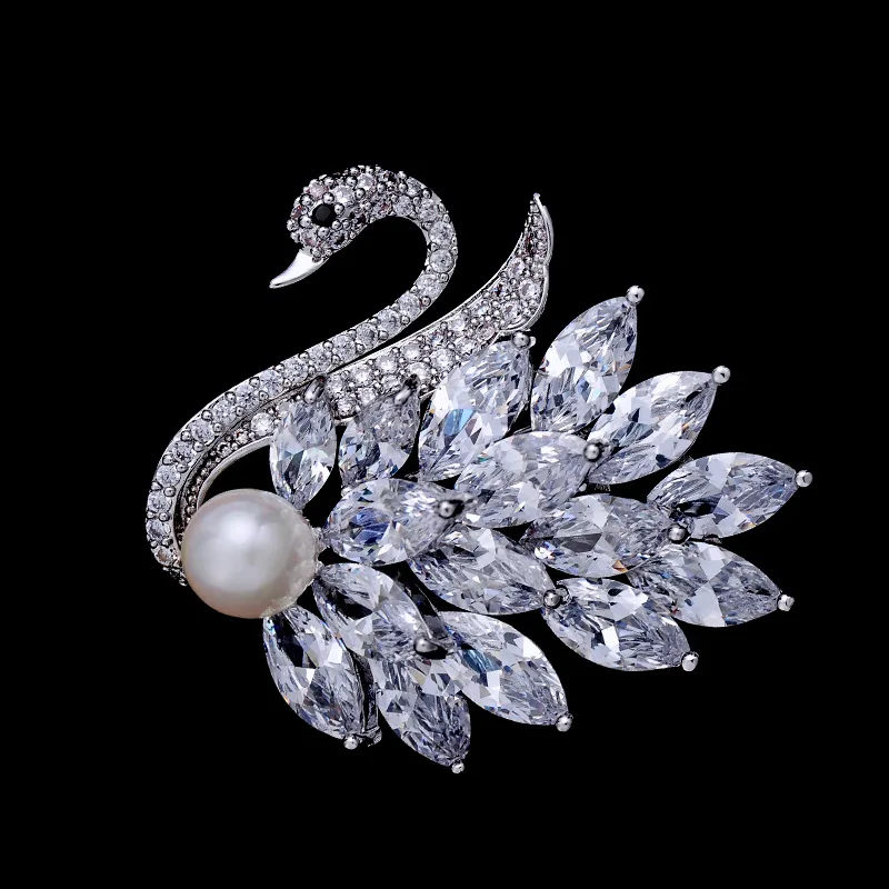 Bel Cigno Con Spilla Di Perle Zircone Bianco Cristallo Spille Animali Pin S Per Le Donne Spilla Gioielli Da Sposa Luxe Broche Femme