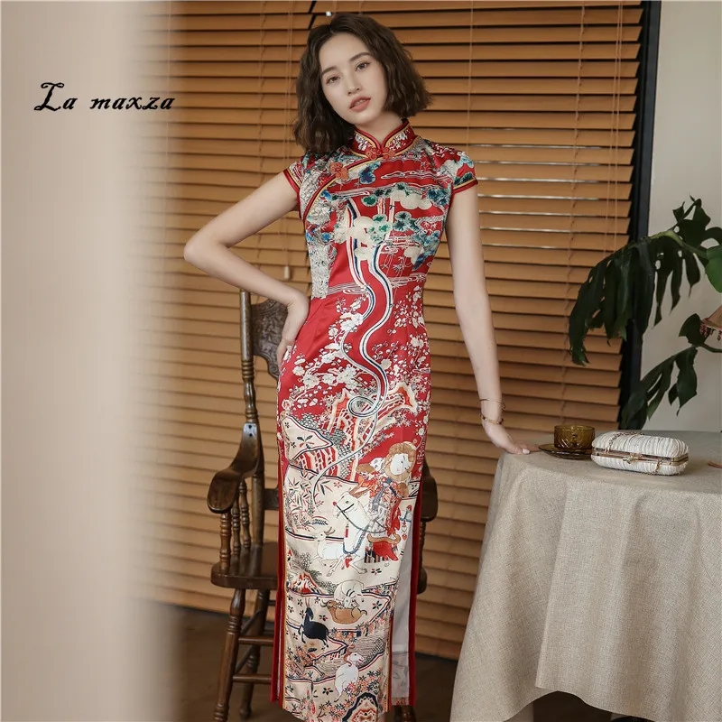 Cheongsam платье 2020 размера плюс платья для женщин шелковые сексуальные длинные