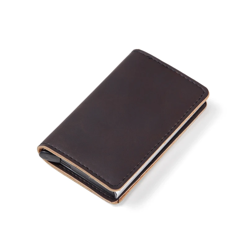Men Wallet Automatic Credit card holder Crazy Horse Genuine Leather Aluminum Mini Wallet With Back Pocket ID Card RFID Blocking - Цвет: Crazy brown