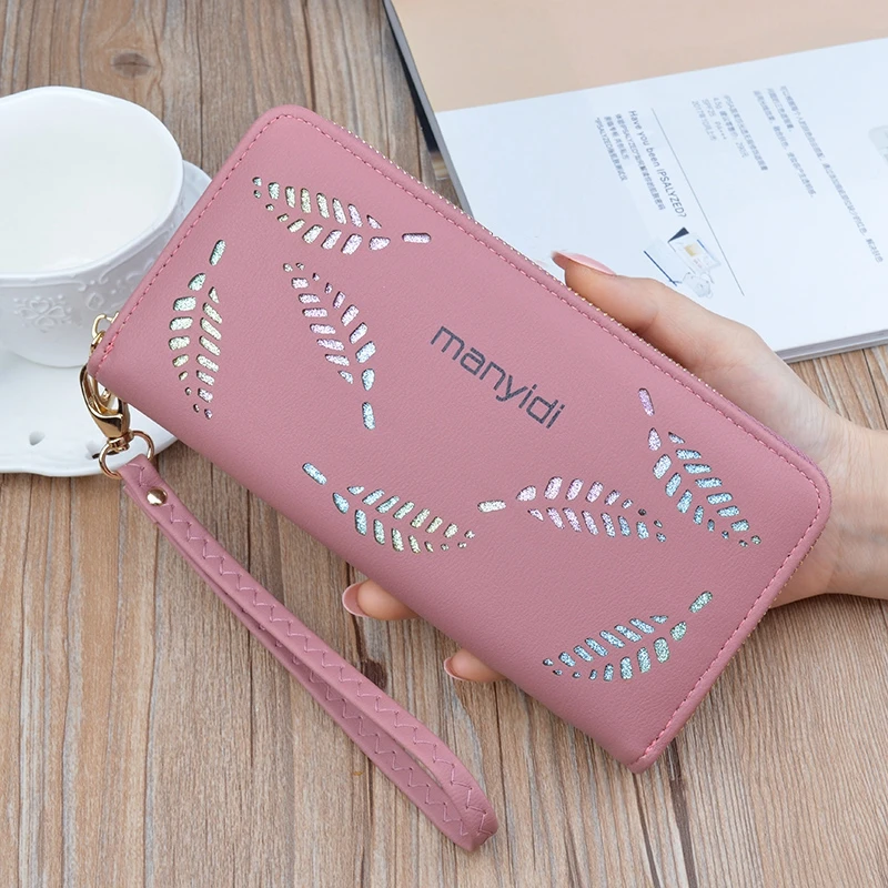 dark pink Lammei женский бумажник с полыми листьями женский кошелек кошельки длинный секционный клатч кошелек из мягкой искусственной кожи ID держатель сумка для денег - Цвет: dark pink