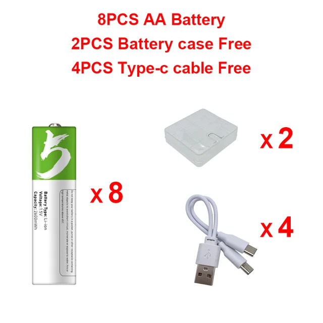 High capacity 1.5V AA 2600 mWh USB rechargeable li-ion battery for remote control mouse small fan Electric toy battery + Cable 8 PCS AA and cable