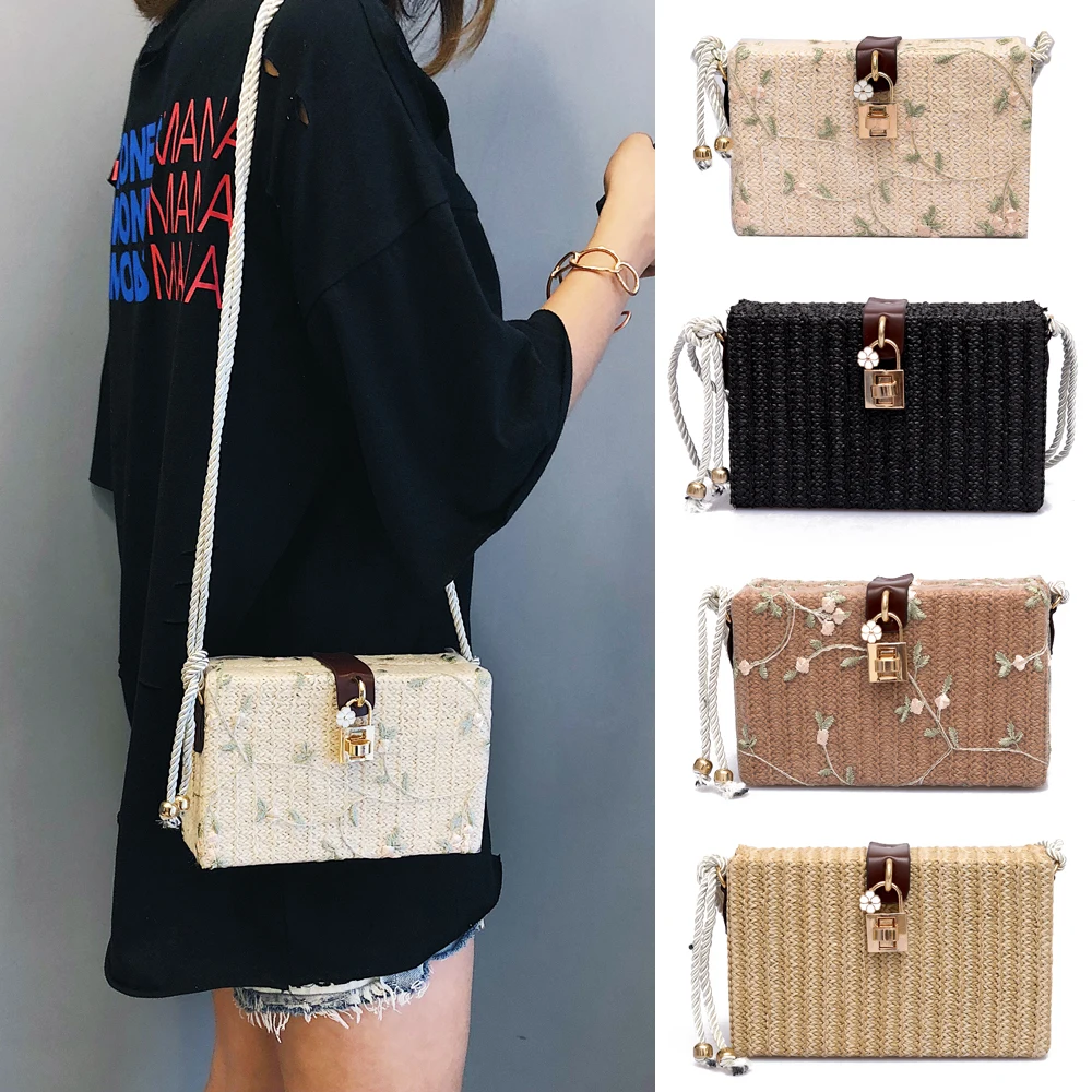 USFashion Lady Floral Print Beach Rectangle Box Bag Rattan Straw Crossbody Bags Bohemia Handbag Shouldbag
