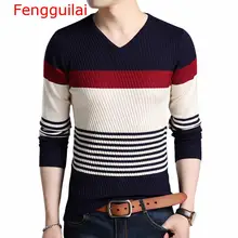Fengguilai свитера толстый теплый пуловер мужской повседневный полосатый свитер с v-образным вырезом мужская одежда Осенняя зимняя вязаная одежда Pull Homme