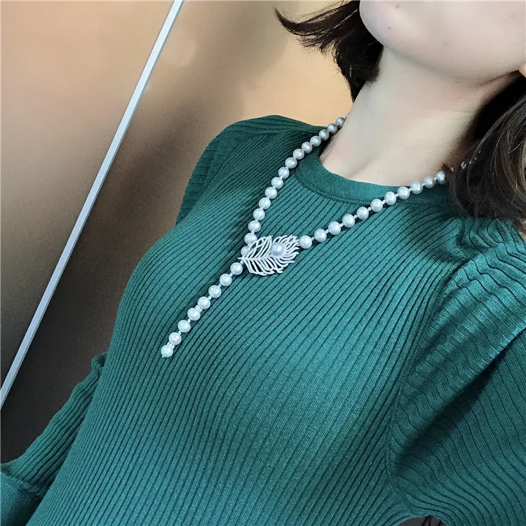 

New Arrival Natural Freshwater Pearl Necklace 65cm Long Fashion Sweater Necklace With Feather Decoration Clasp Grey Pearl Gifts