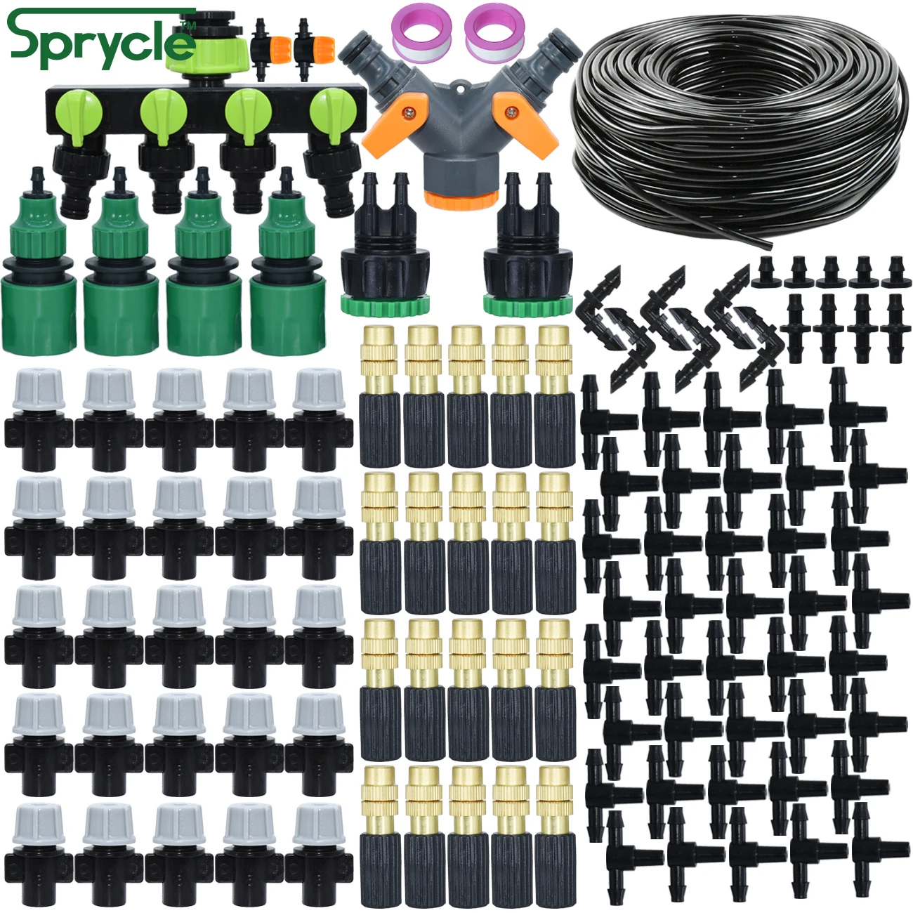 SPRYCLE 5-50m Greenhouse Garden 1/4" Hose Automatic Micro Watering Kit Drip Irrigation System Adjustable Brass Atomizing Nozzle