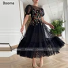 Black Polka Dotted Tulle Evening Dresses Short Sleeves Appliques Flowers A-Line Prom Dresses Tea-Length Wedding Party Dresses ► Photo 2/4