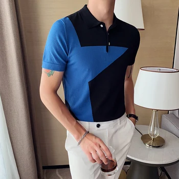

Playboy Shirt Men's Short-sleeved Knitted Polo Shirt Contrast Color Camisas British Slim Lapel Ice Silk Polos Hombre 2020