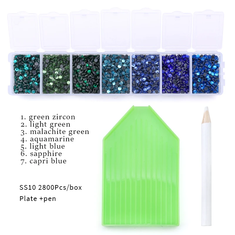DMC- blue green SS10 Горячая фиксация Стразы 2800 шт./кор. с аппликатор для исправления с украшением в виде кристаллов Стекло гладить на Стразы для украшения одежды «сделай сам» - Цвет: DMC- blue green