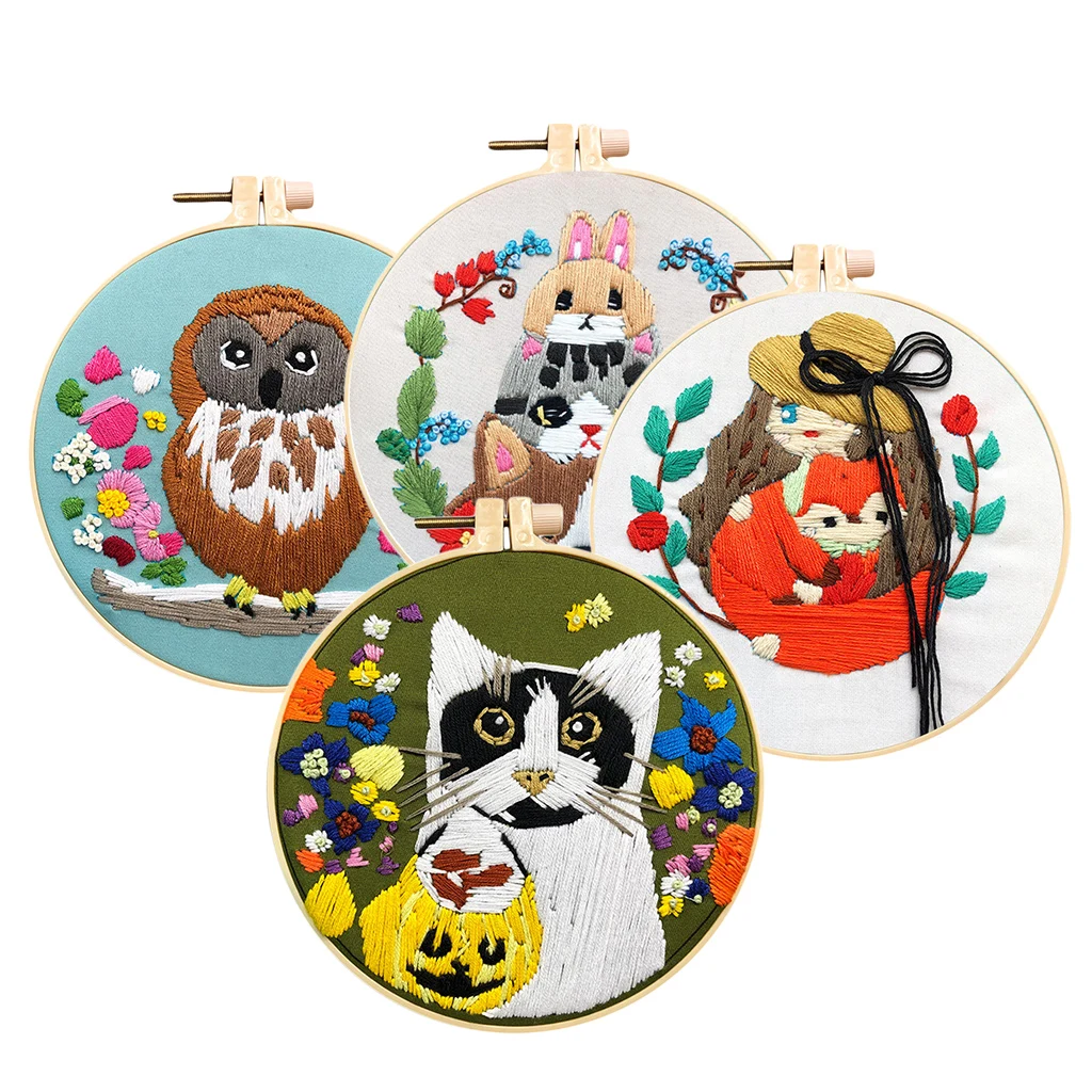 Pre-printed Embroidery Cross Stitch Starter Kit Cloth Needles Bamboo Hoop Tools