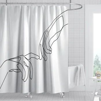 

180*180cm Simple Lines Shower Curtain Waterproof Mildew Proof Punch-free Perforated Printing Bathroom Curtain