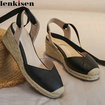 

Lenkisen new high quality gorgeous non-slip sheep leather thick bottom wedges waterproof round toe buckle straps straw pumps L16