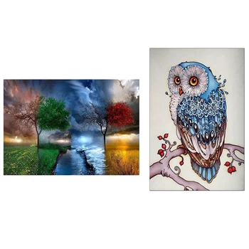

2 Set 5D Diy Diamond Painting Cross Stitch Diamonds for Home Wall Decoration - Four Seasons Tree & Owl