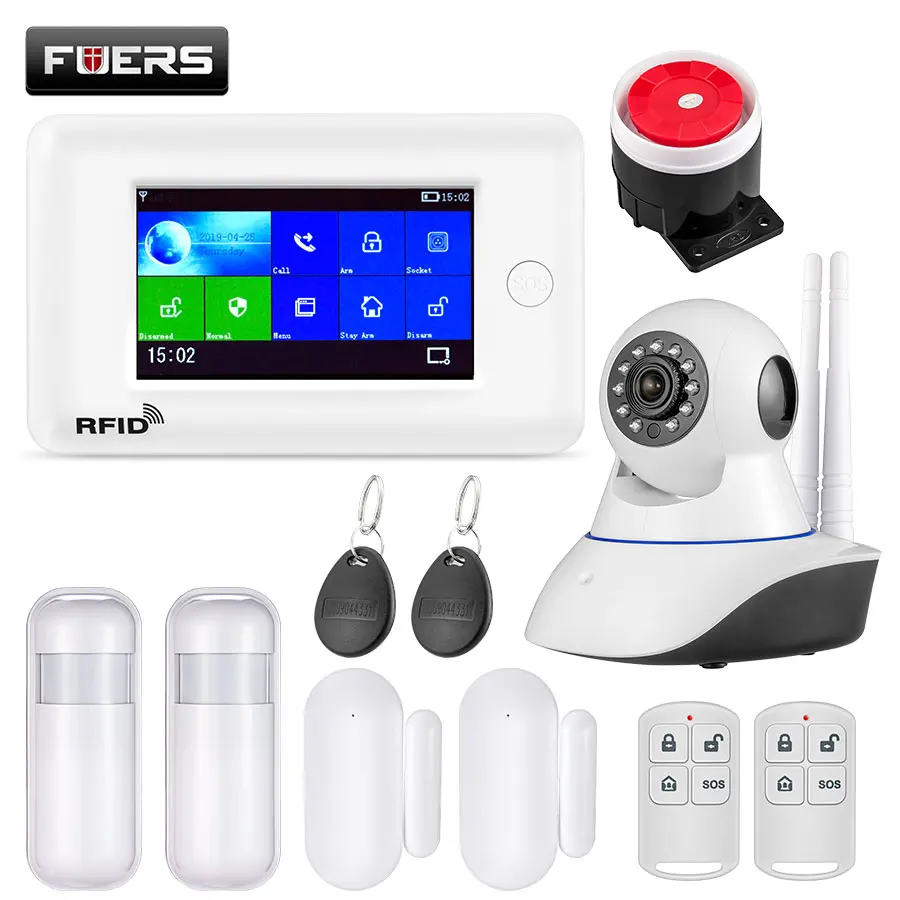 FUERS wifi GSM GPRS умная домашняя система охранной сигнализации 4,3 дюймов цветной экран приложение RFID Контроль Детектор дыма PIR детектор движения - Цвет: KIT8