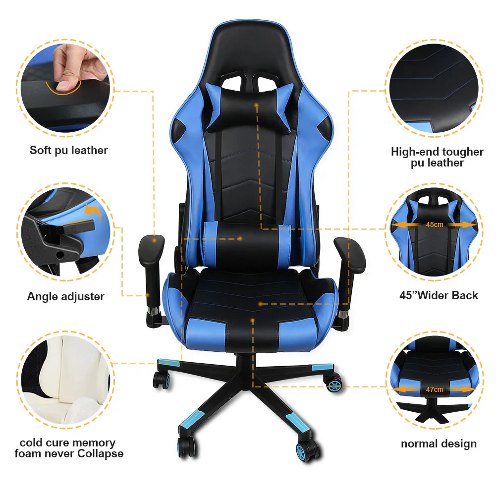  Ergonomic Computer Gaming Chair Racing High Back PVC Leather Adjustable Angle 360 Degree Swivel TB