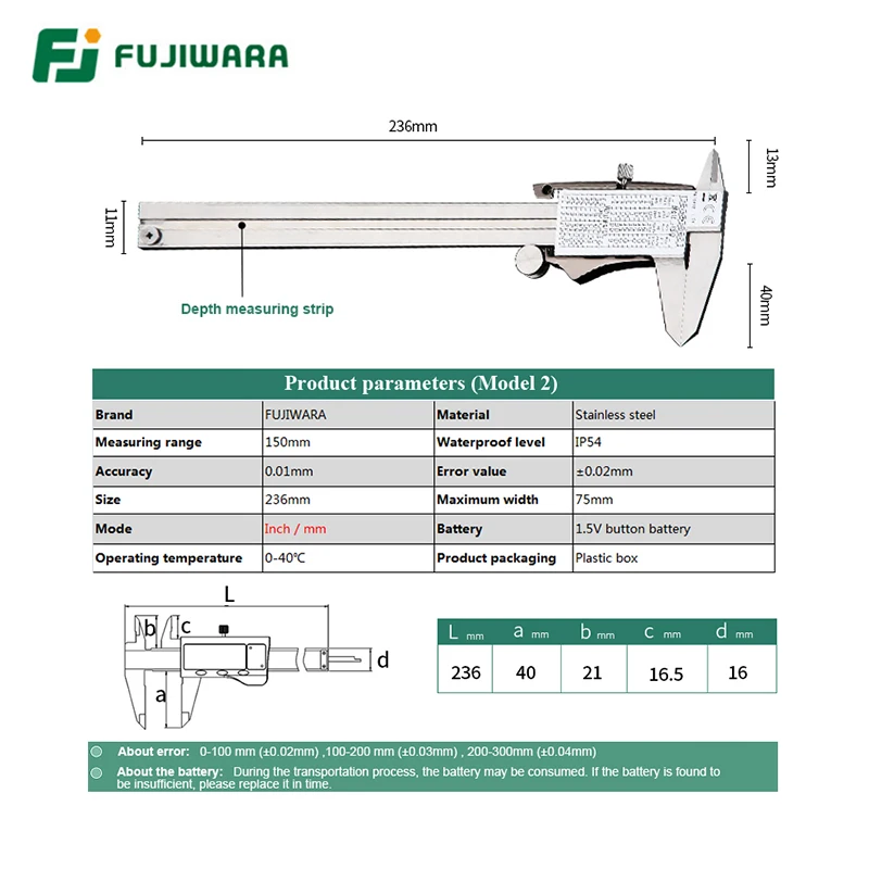 FUJIWARA IP54 цифровой дисплей из нержавеющей стали суппорт 0-150 мм/дюйм ЖК Электронный штангенциркуль