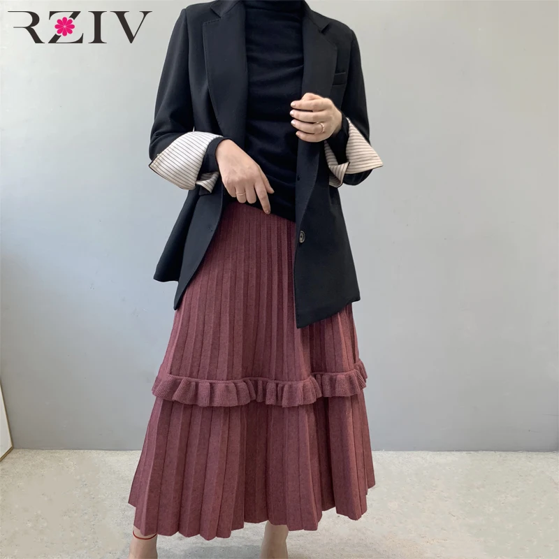 RZIV осенне-зимняя женская юбка Повседневная однотонная плиссированная декоративная трикотажная юбка